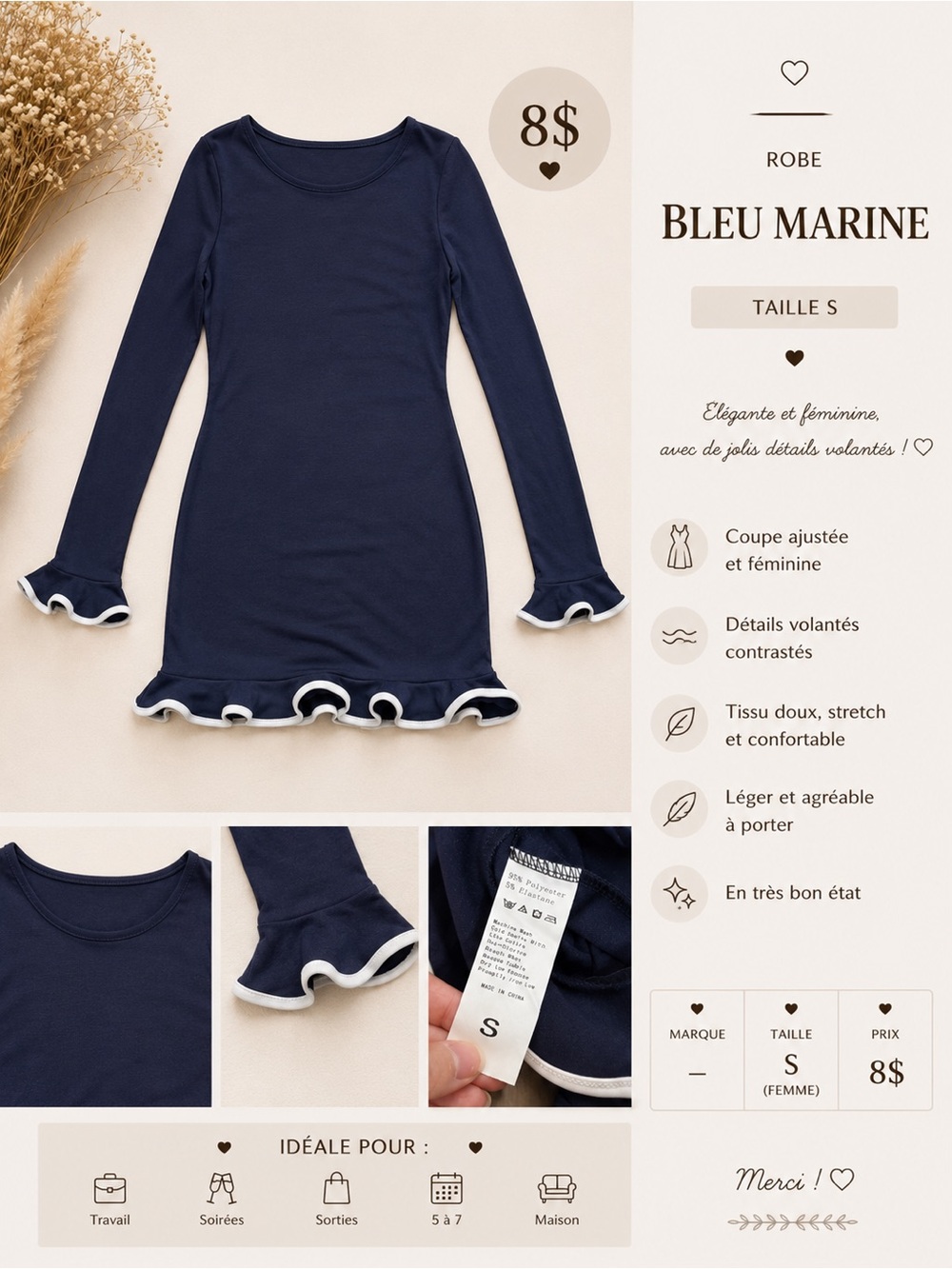 SHEIN Navy Blue Long Sleeve Dress with White Ruffle Trim